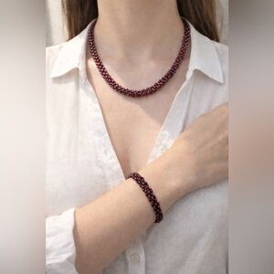 Long woven necklace full of real clustered garnets with matching garnet bracelet